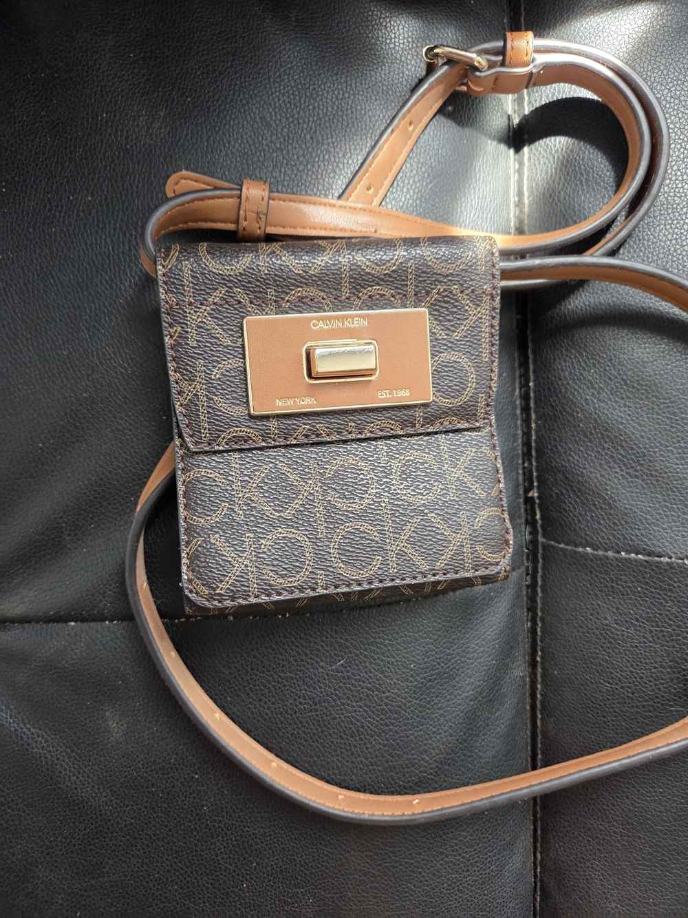Calvin Klein Brown Monogram Crossbody Bag with Tan Strap